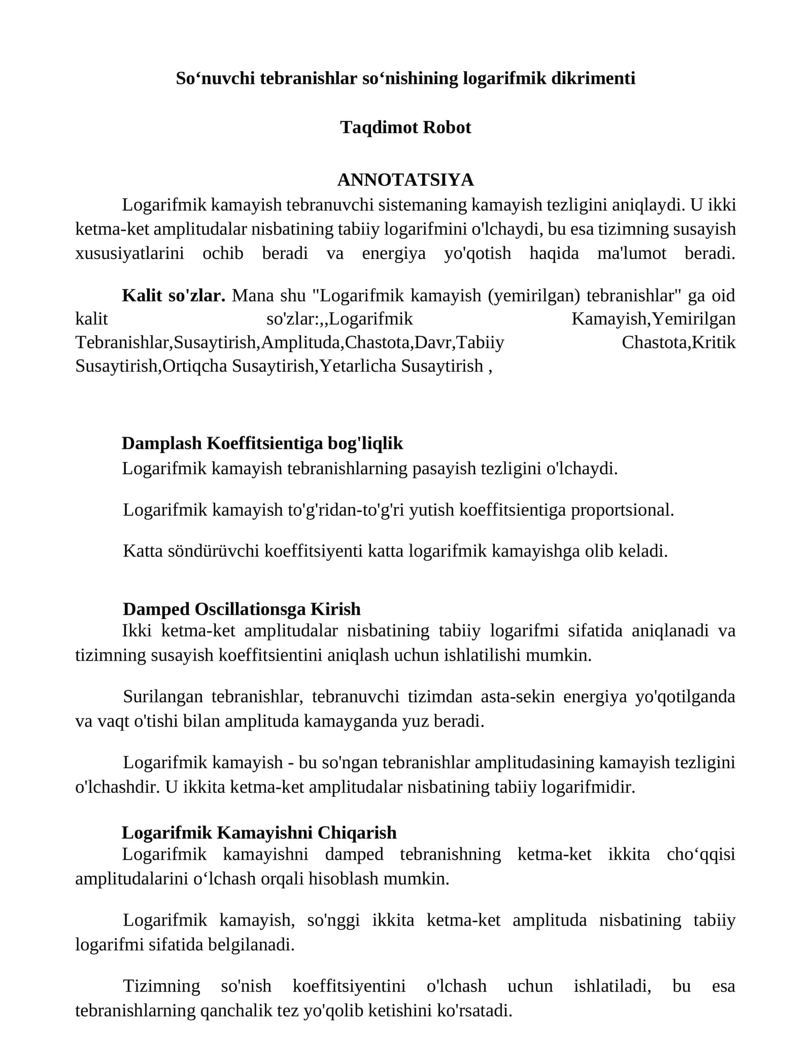 Logarifmik kamayish tebranishlar soʻnishining