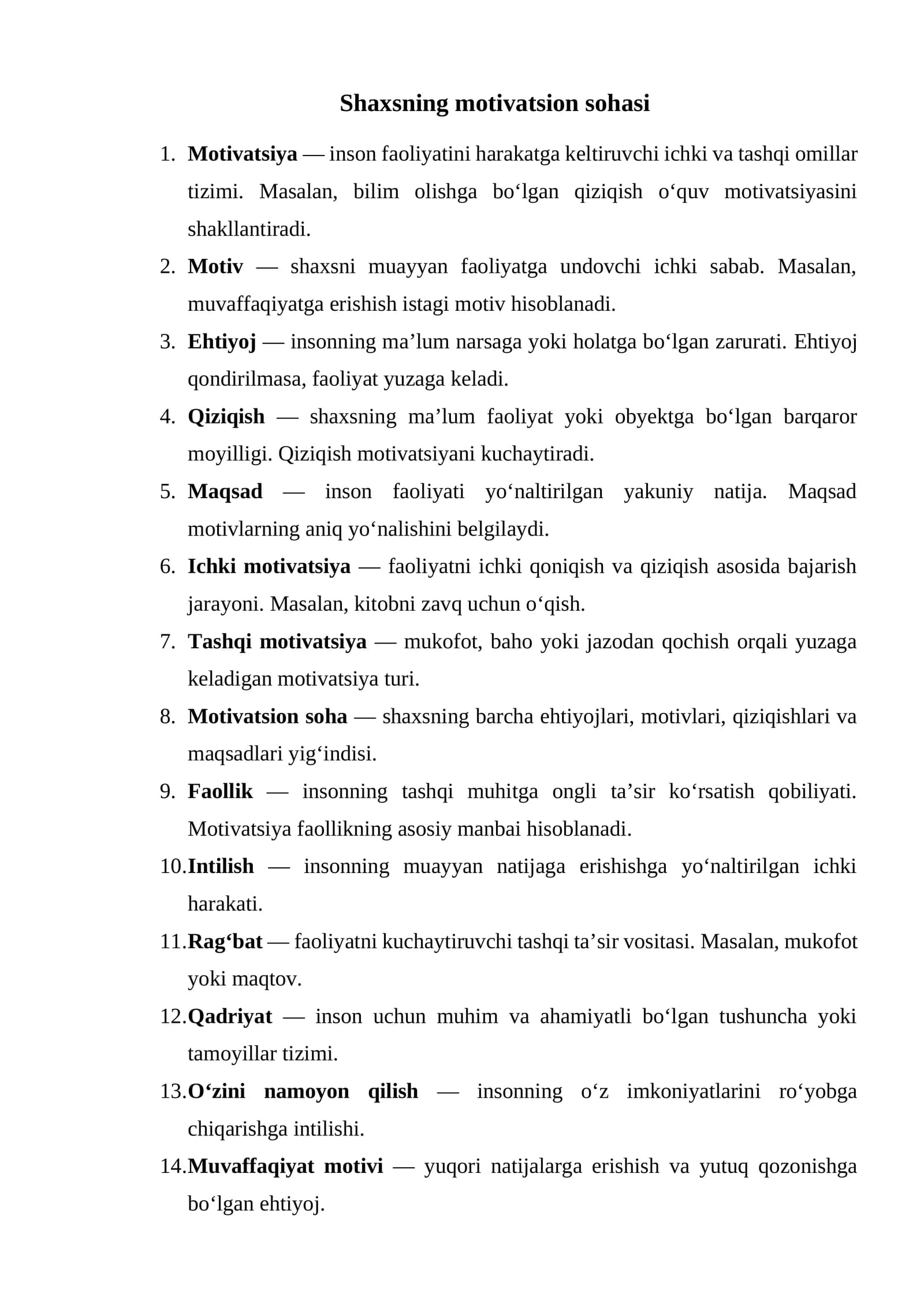 Shaxsning motivatsion sohasi Glossariy