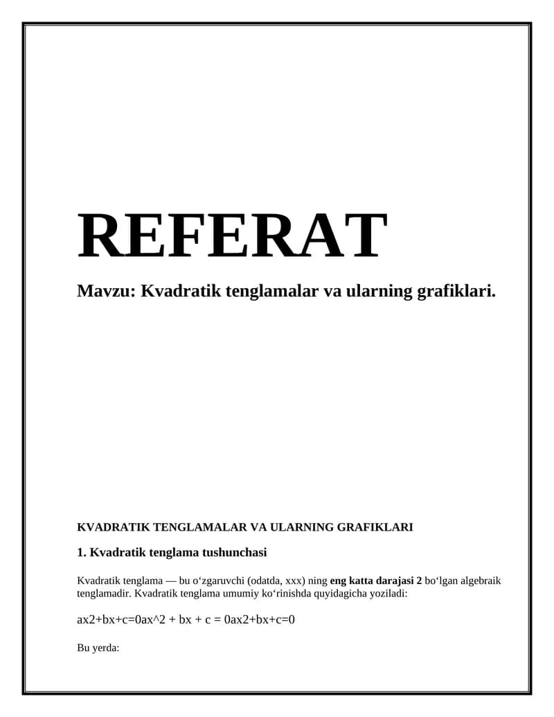 Kvadratik tenglamalar va ularning grafiklari