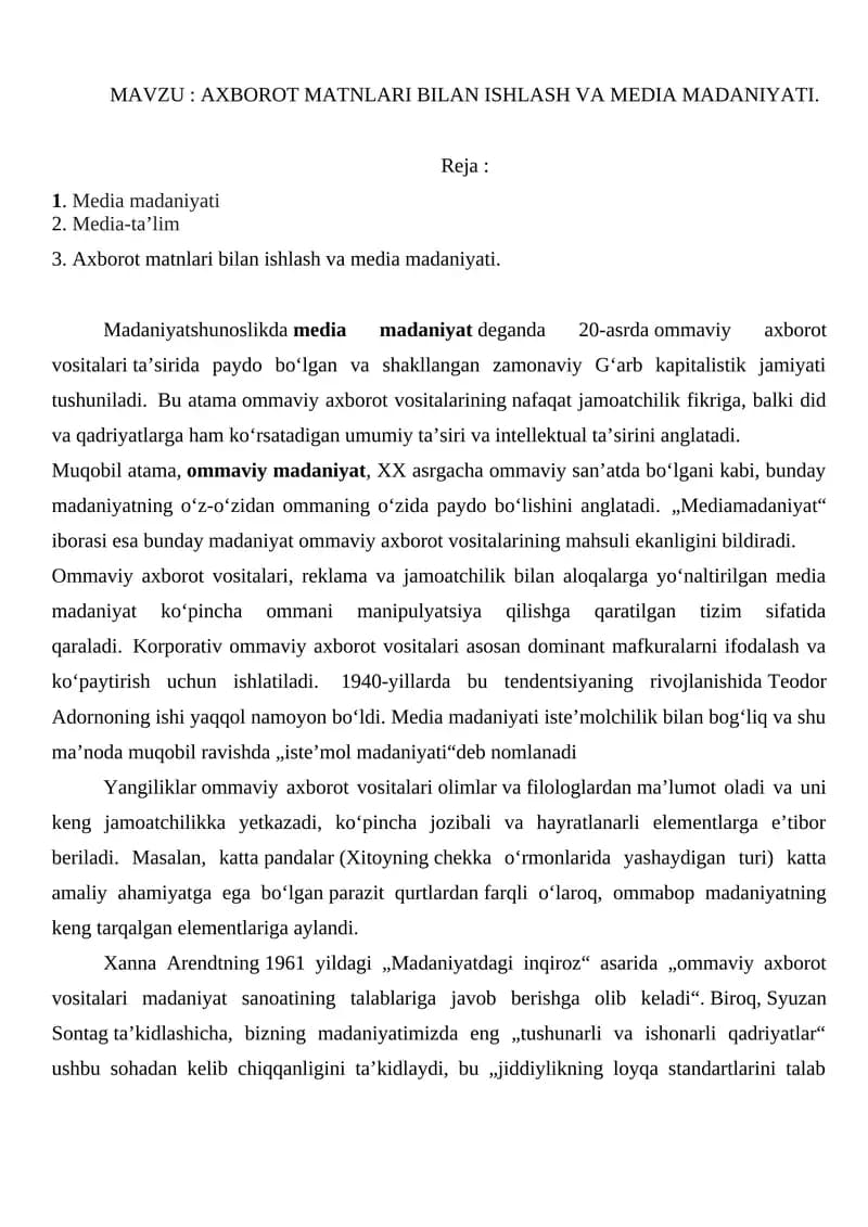 AXBOROT MATNLARI BILAN ISHLASH VA MEDIA MADANIYATI