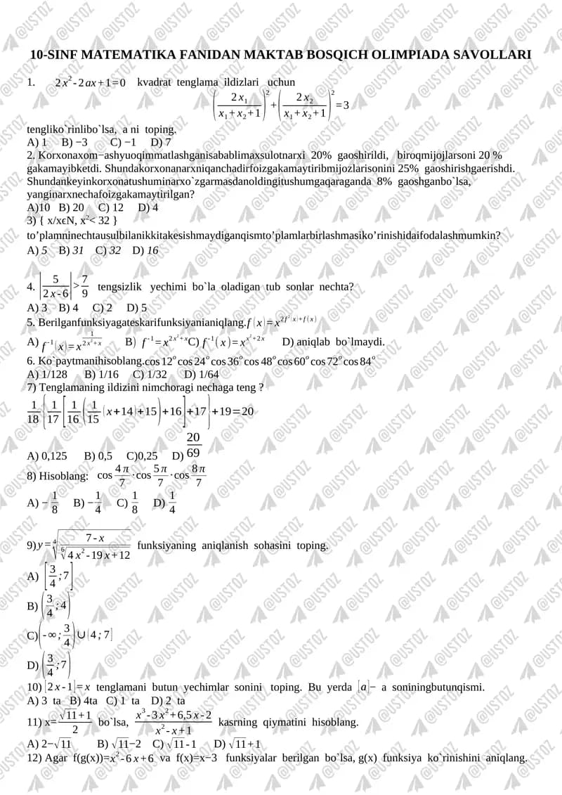 10-SINF MATEMATIKA FANIDAN MAKTAB BOSQICH OLIMPIADA SAVOLLARI