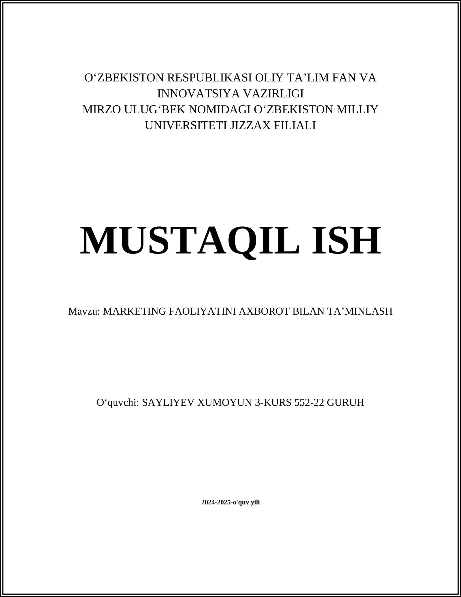 MARKETING FAOLIYATINI AXBOROT BILAN TAʼMINLASH