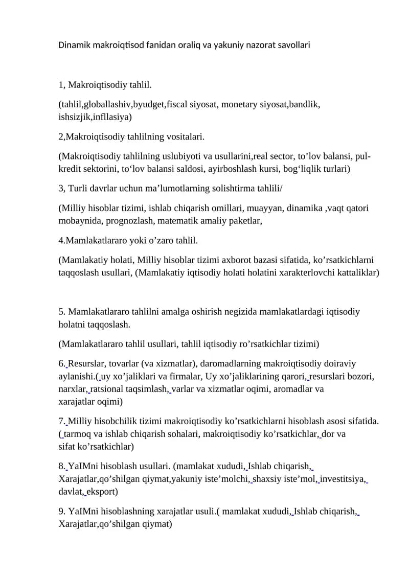 Dinamik makroiqtisod fanidan oraliq va yakuniy nazorat savollari