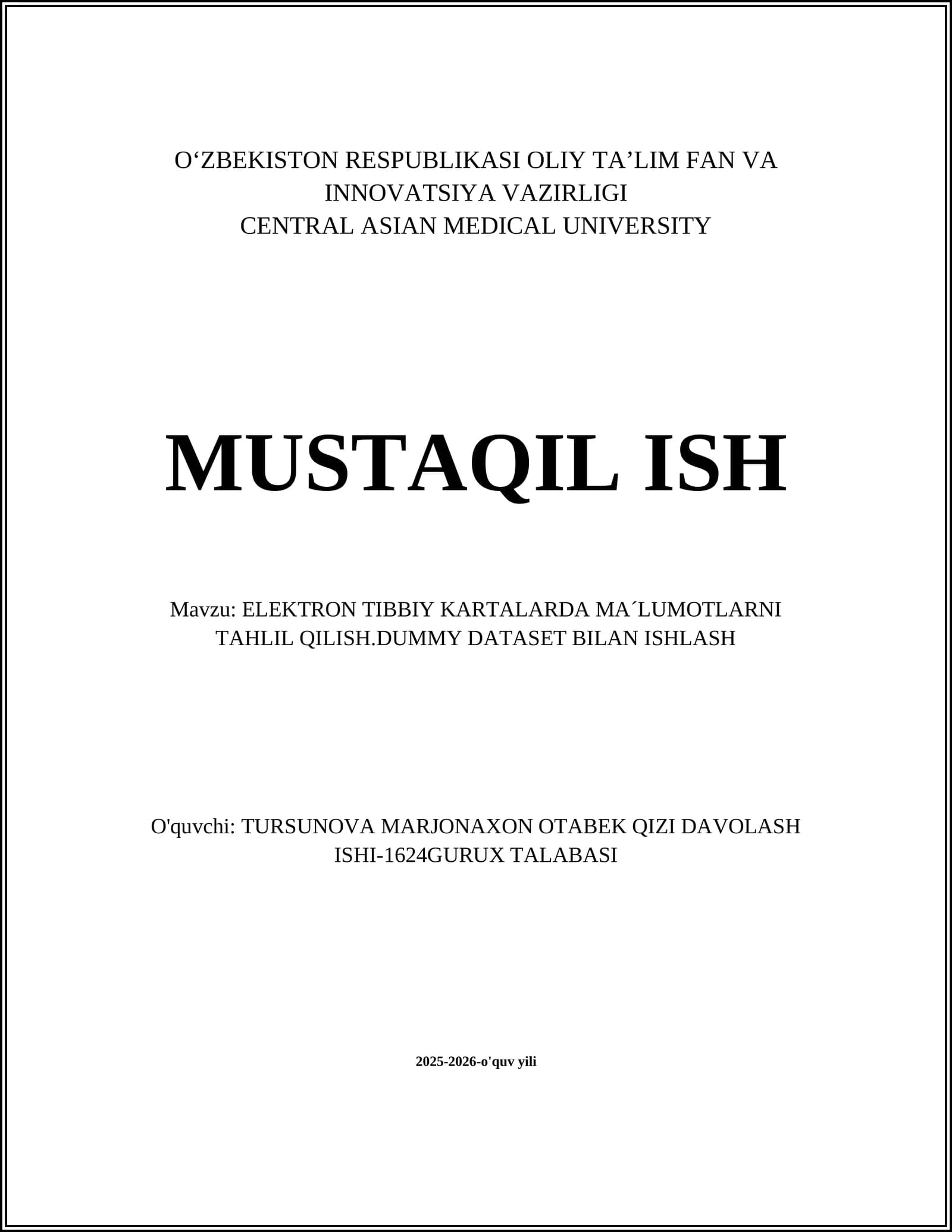 ELEKTRON TIBBIY KARTALARDA MA´LUMOTLARNI TAHLIL QILISH.DUMMY DATASET BILAN ISHLASH