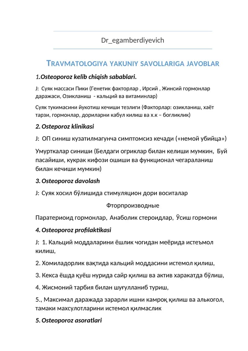 Travmatologiya yakuniy savollariga javoblar