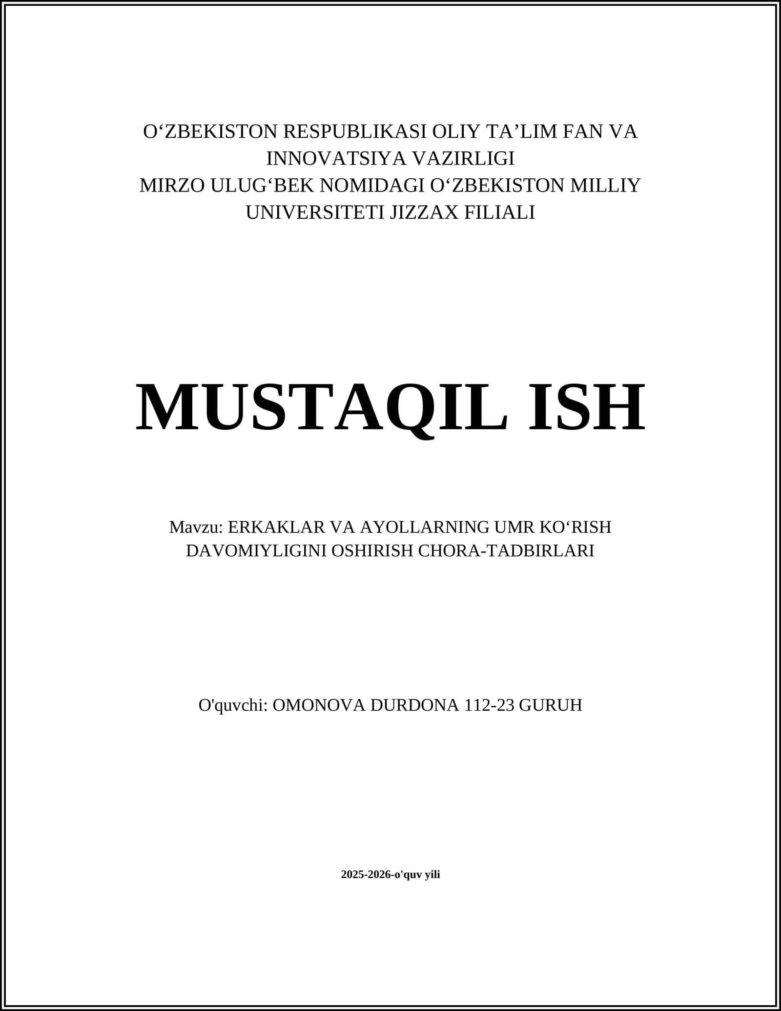 ERKAKLAR VA AYOLLARNING UMR KO'RISH DAVOMIYLIGINI OSHIRISH CHORA-TADBIRLARI