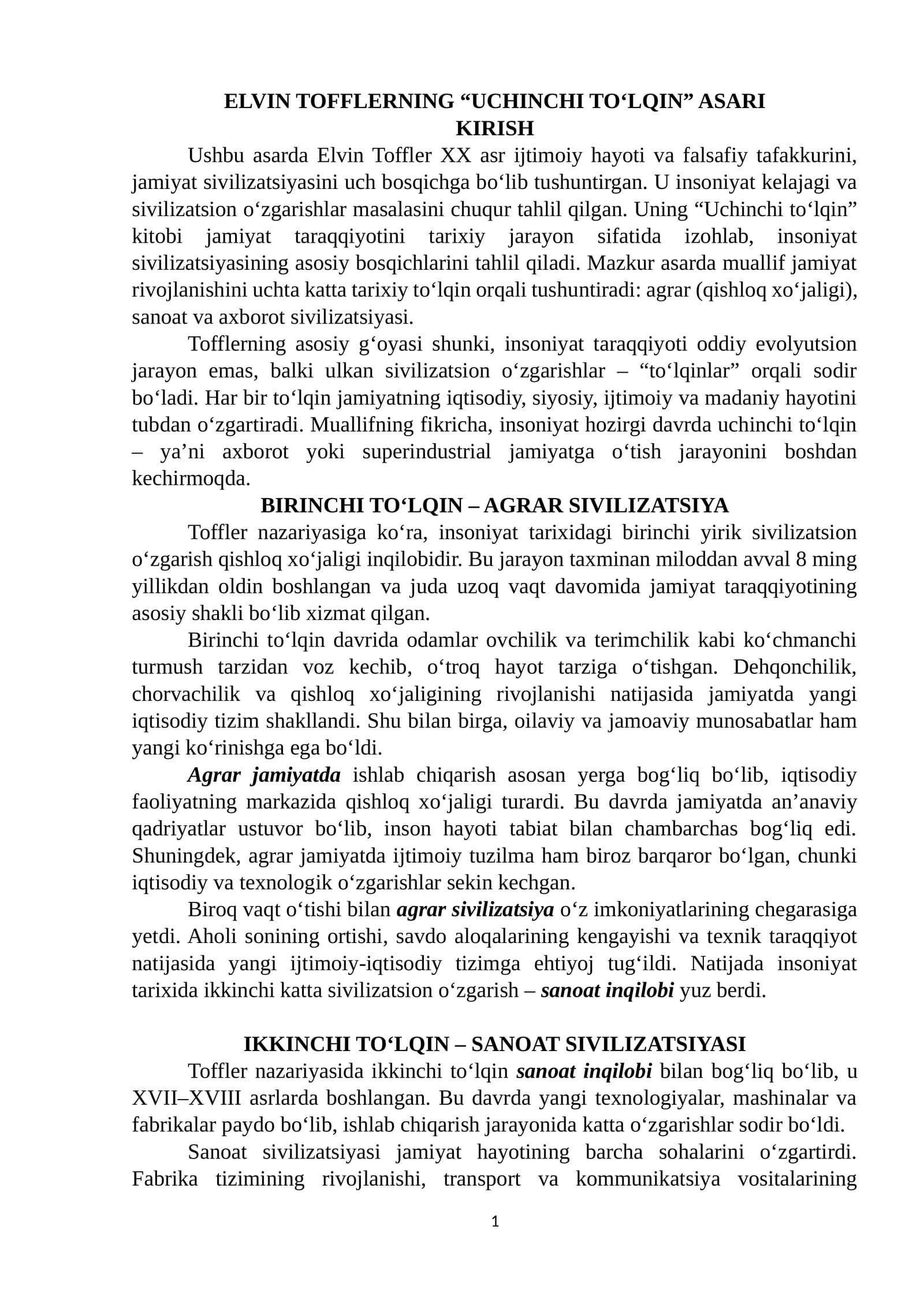 E. Tofflerning "UCHINCHI TO'LQIN" asari bo'yicha essey