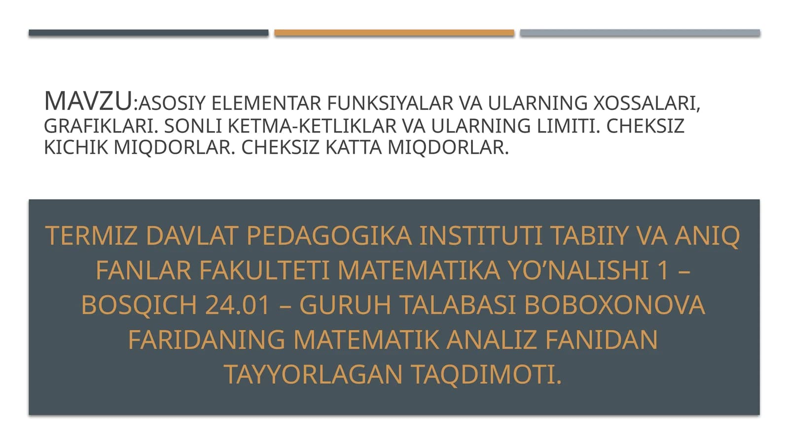 Asosiy elementar funksiyalar va ularning xossalari, grafiklari. Sonli ketma-ketliklar va ularning limiti. cheksiz kichik miqdorlar. Cheksiz katta miqdorlar.
