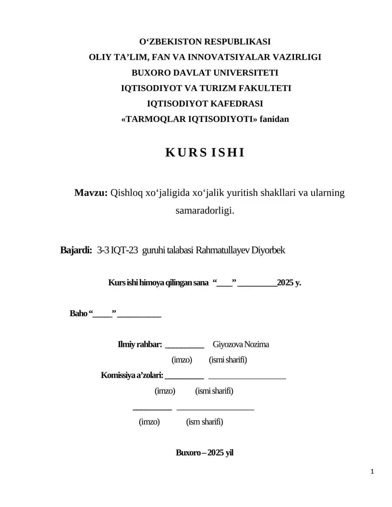 Qishloq xo‘jaligida xo‘jalik yuritish shakllari va ularning samaradorligi