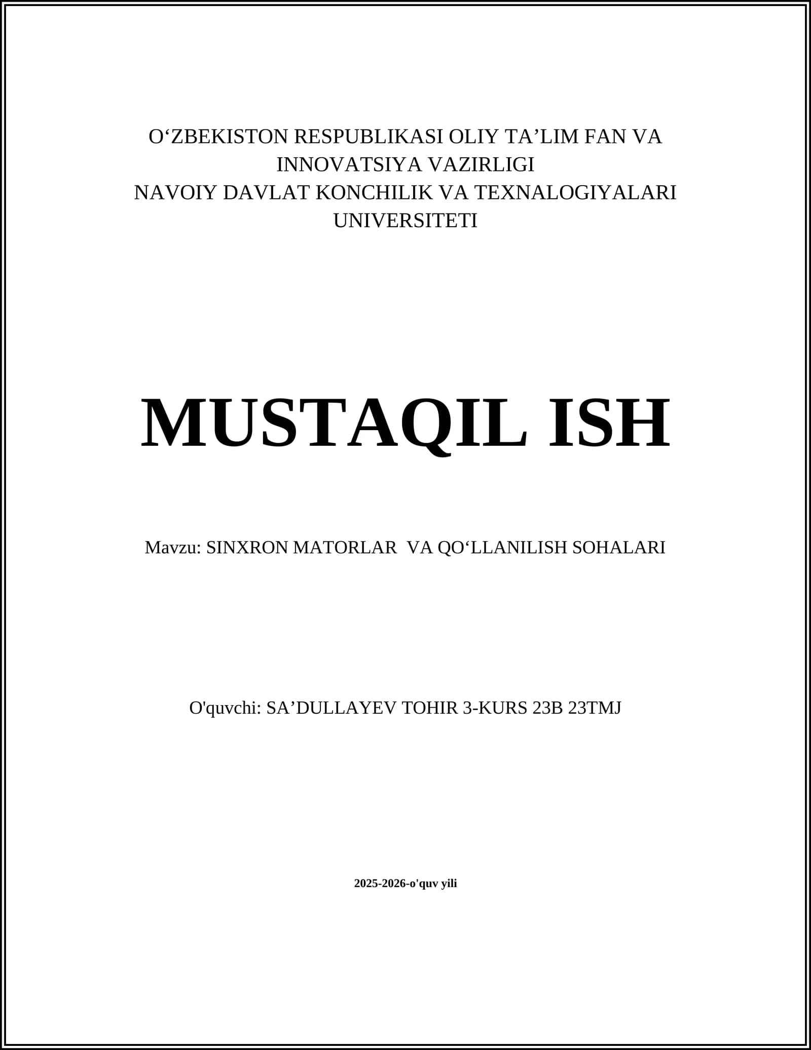 SINXRON MATORLAR VA QOʻLLANILISH SOHALARI