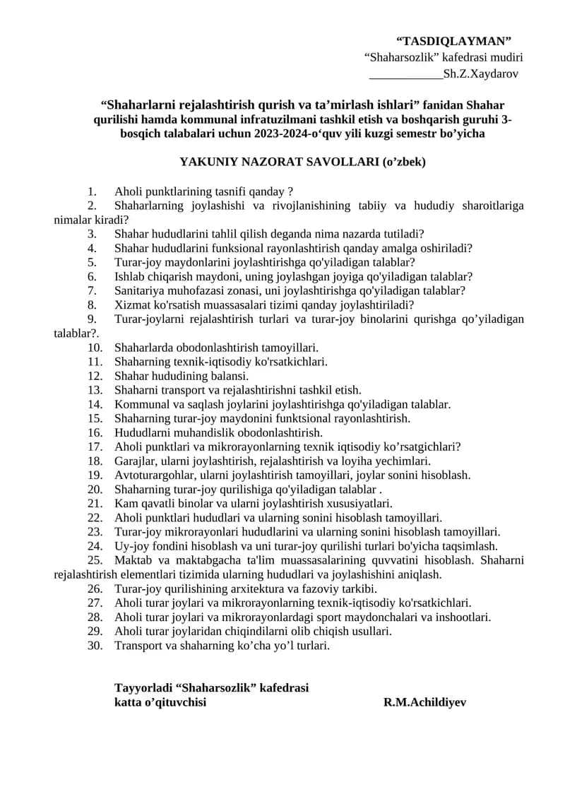 Shahar qurilishi hamda kommunal infratuzilmani tashkil etish va boshqarish guruhi 3-bosqich talabalari