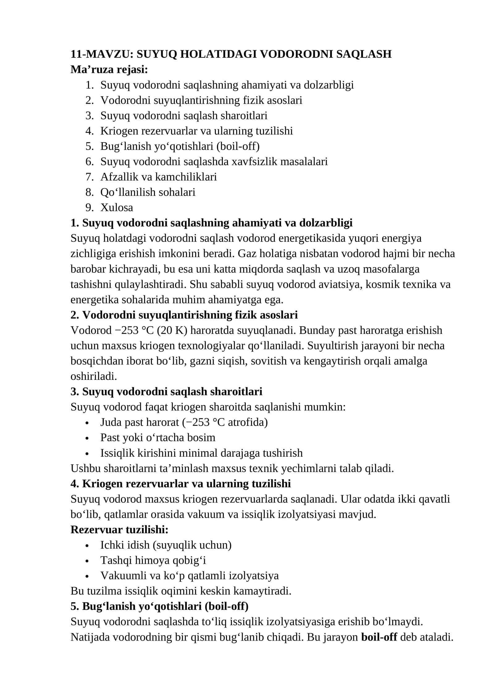 SUYUQ HOLATIDAGI VODORODNI SAQLASH