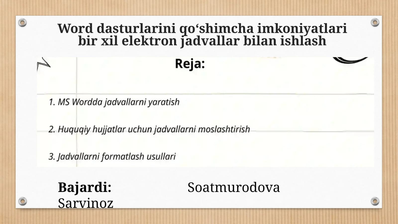 Word dasturlarini qoʻshimcha imkoniyatlari bir xil elektron jadvallar bilan ishlash