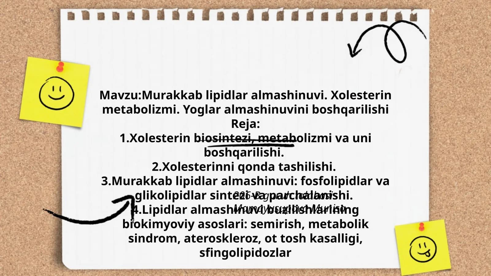 Murakkab lipidlar almashinuvi. Xolesterin metabolizmi. Yoglar almashinuvini boshqarilishi