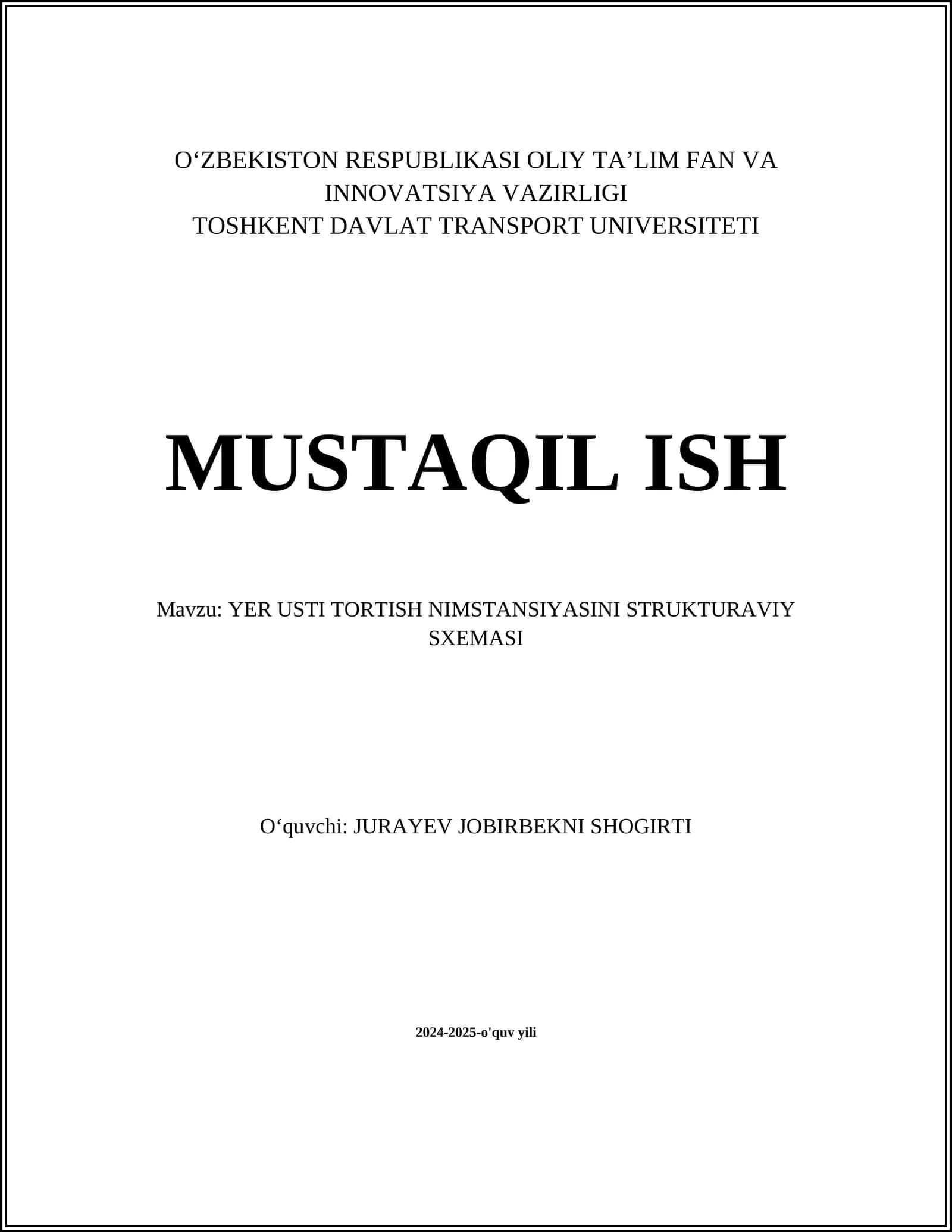 YER USTI TORTISH NIMSTANSIYASINI STRUKTURAVIY SXEMASI