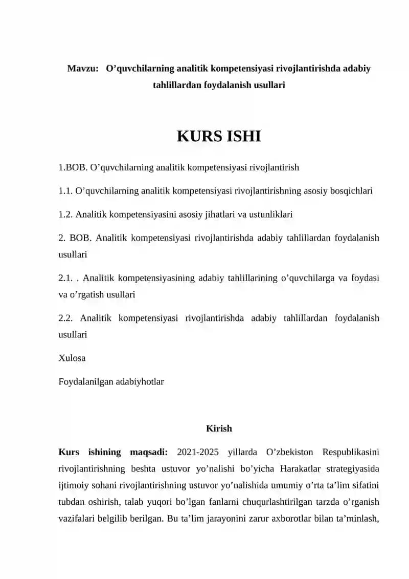 O’quvchilarning analitik kompetensiyasi rivojlantirishda adabiy tahlillardan foydalanish usullari