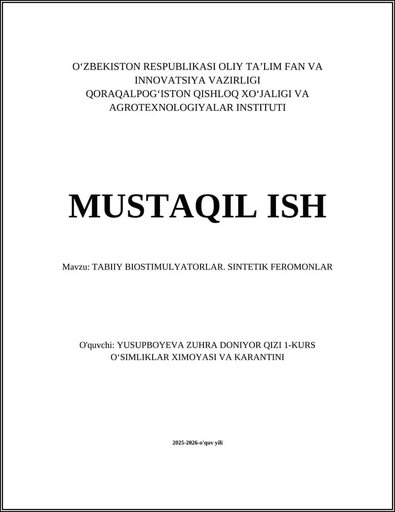 TABIIY BIOSTIMULYATORLAR. SINTETIK FEROMONLAR