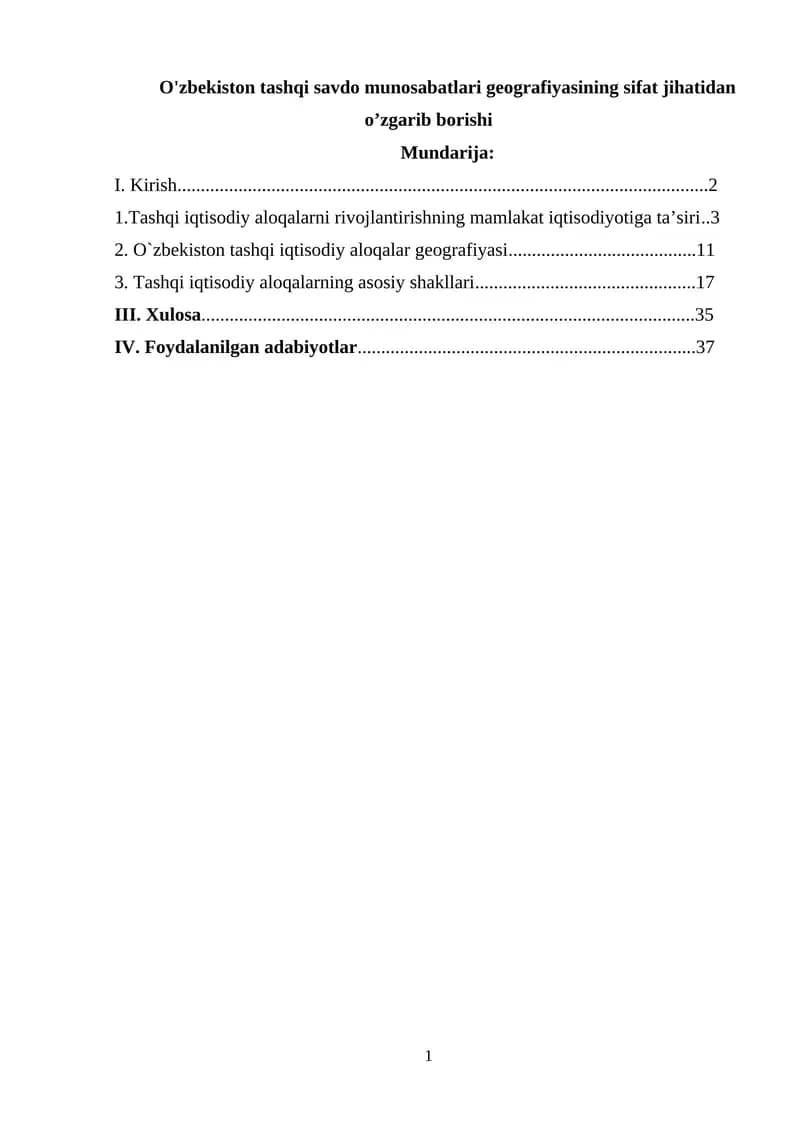 O'zbekiston tashqi savdo munosabatlari geografiyasining sifat jihatidan o’zgarib borishi