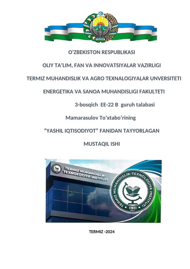 ”Yashil iqtisodyotga” o’tish tamoyillari