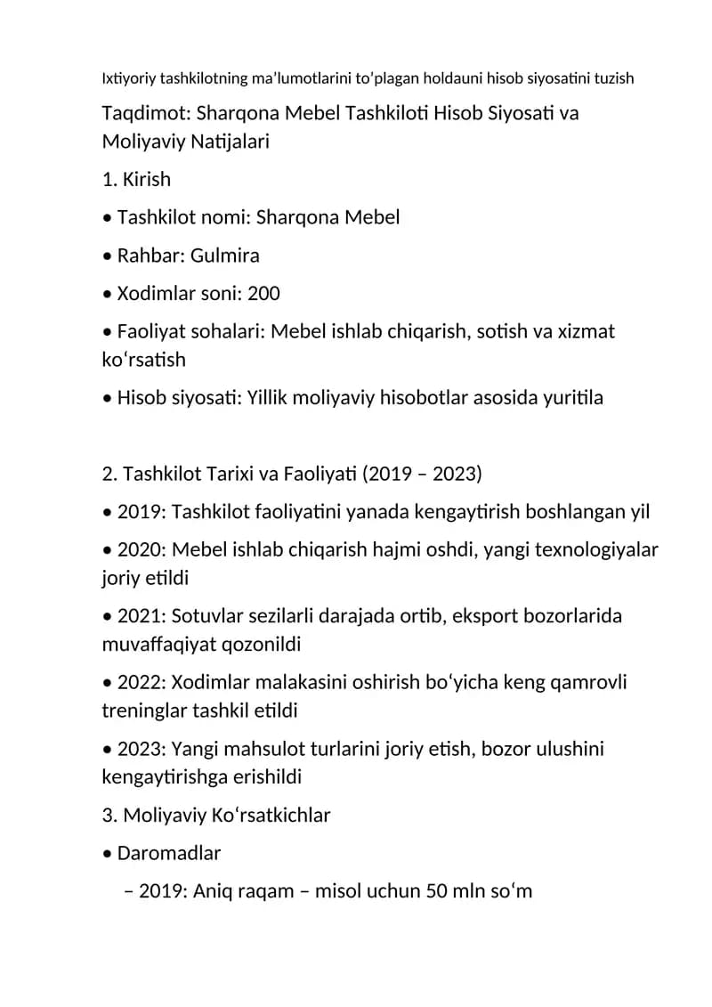 Sharqona Mebel Tashkiloti Hisob Siyosati va Moliyaviy Natijalari