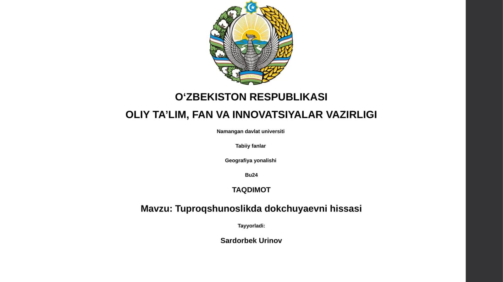 Tuproqshunoslikda dokchuyaevni hissasi