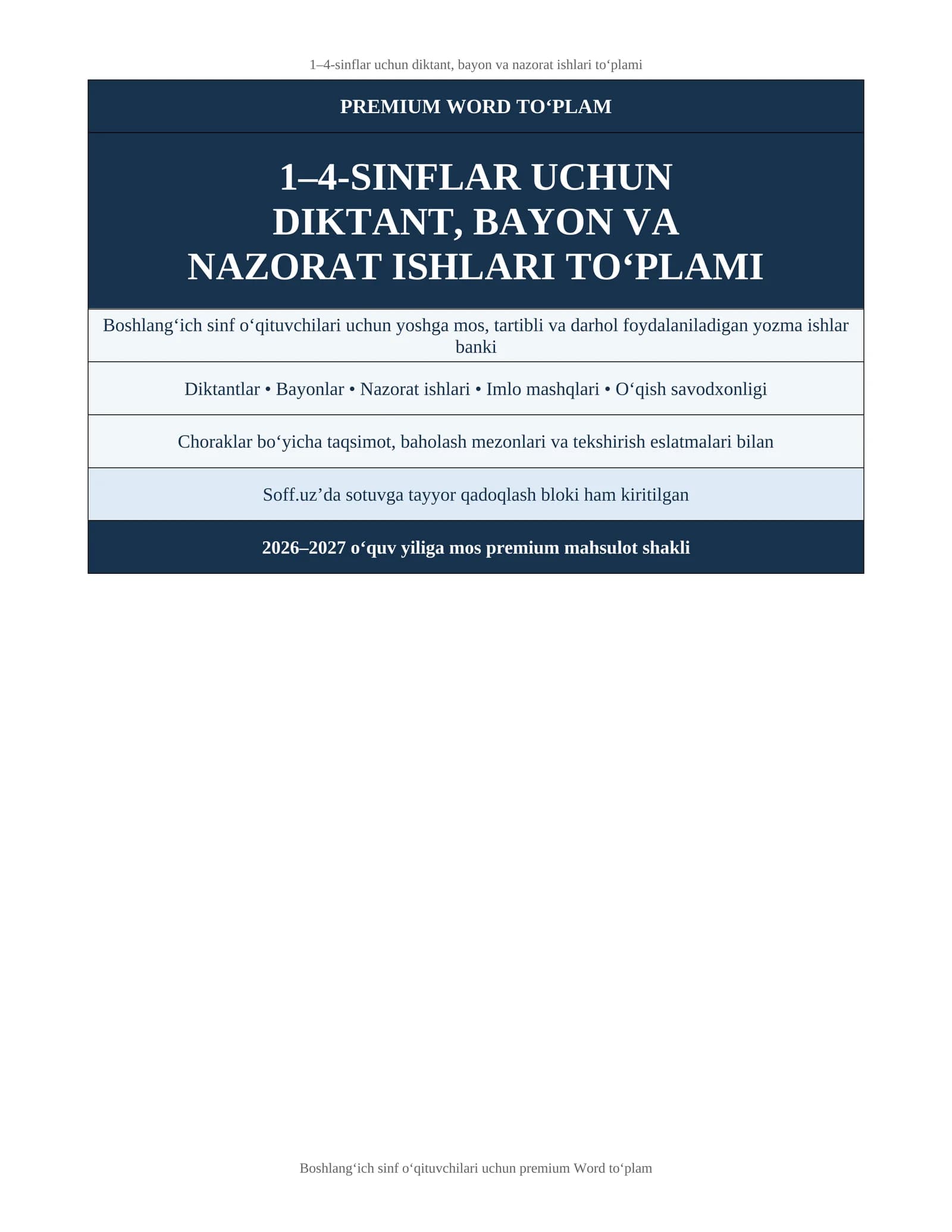 1–4-sinflar uchun diktant, bayon va nazorat ishlari to‘plami