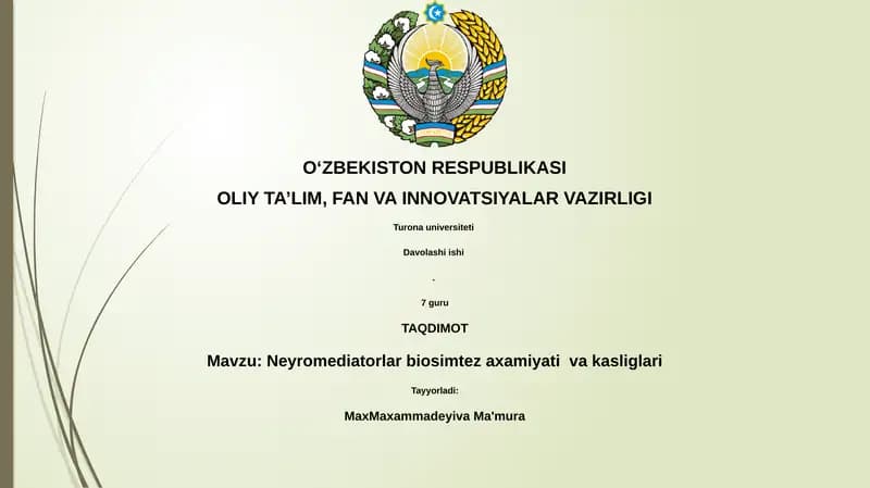 Neyromediatorlar biosimtez axamiyati va kasliglari
