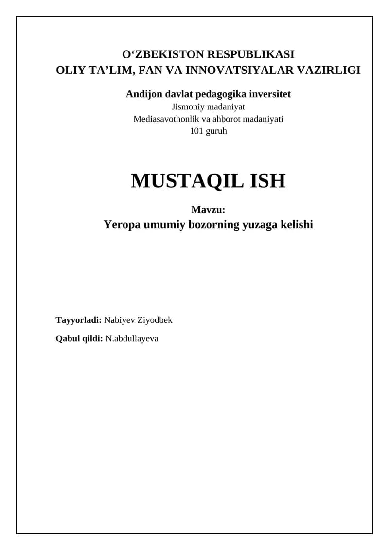 Yeropa umumiy bozorning yuzaga kelishi