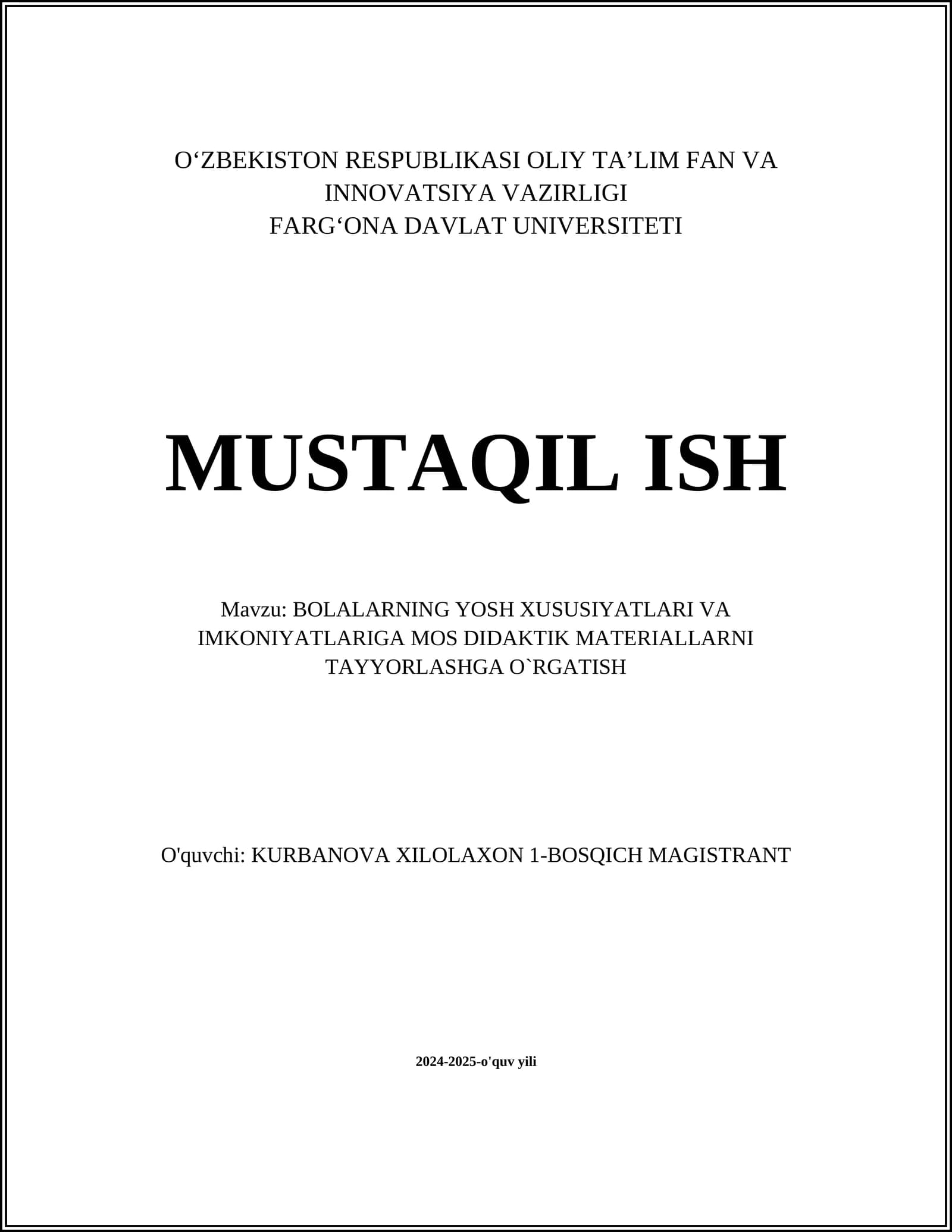BOLALARNING YOSH XUSUSIYATLARI VA IMKONIYATLARIGA MOS DIDAKTIK MATERIALLARNI TAYYORLASHGA O`RGATISH