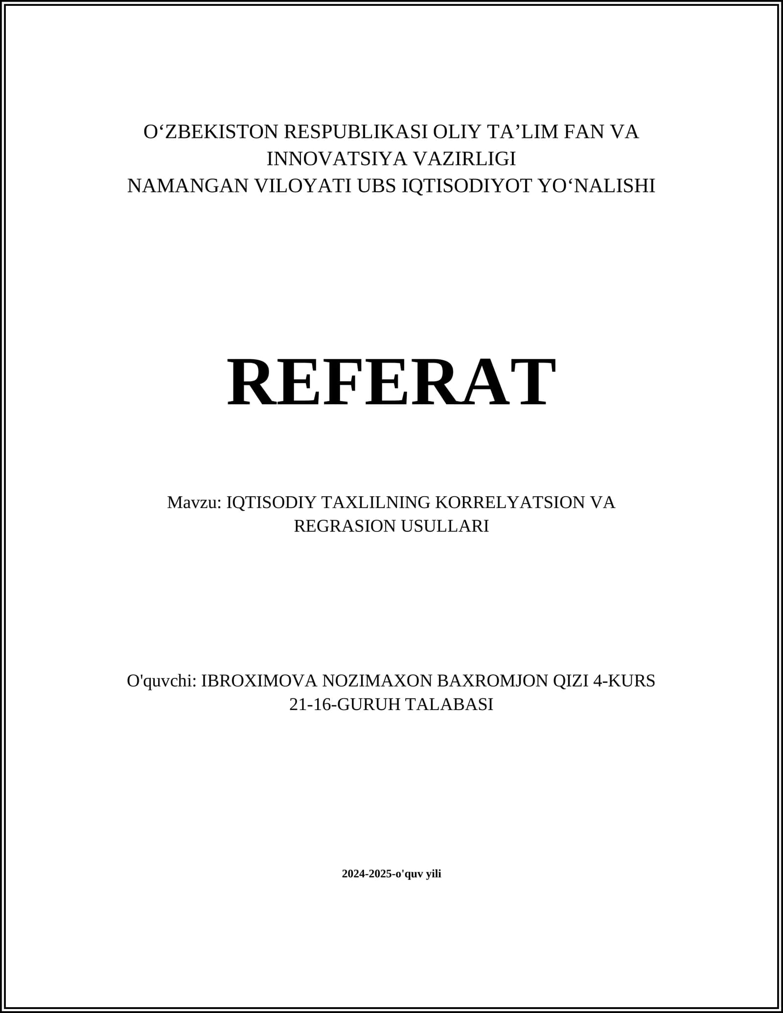 IQTISODIY TAXLILNING KORRELYATSION VA REGRASION USULLARI
