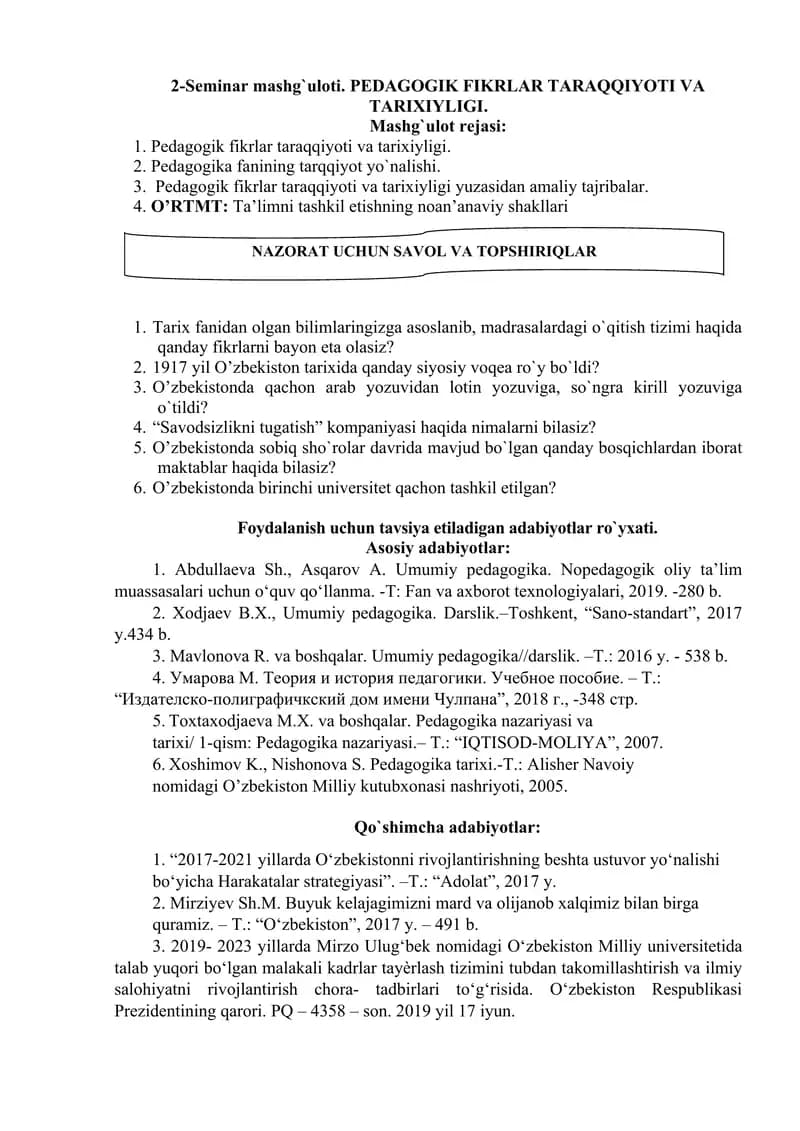 PEDAGOGIK FIKRLAR TARAQQIYOTI VA TARIXIYLIGI