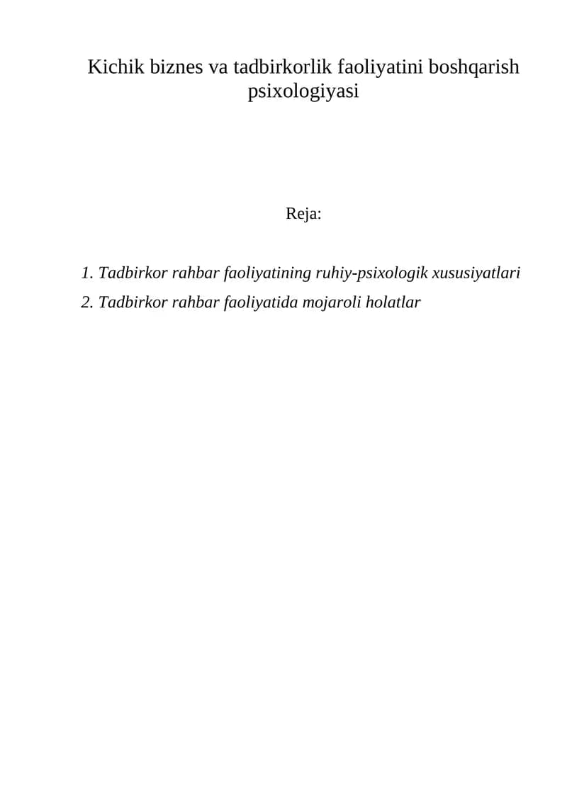 Kichik biznes va tadbirkorlik faoliyatini boshqarish psixologiyasi