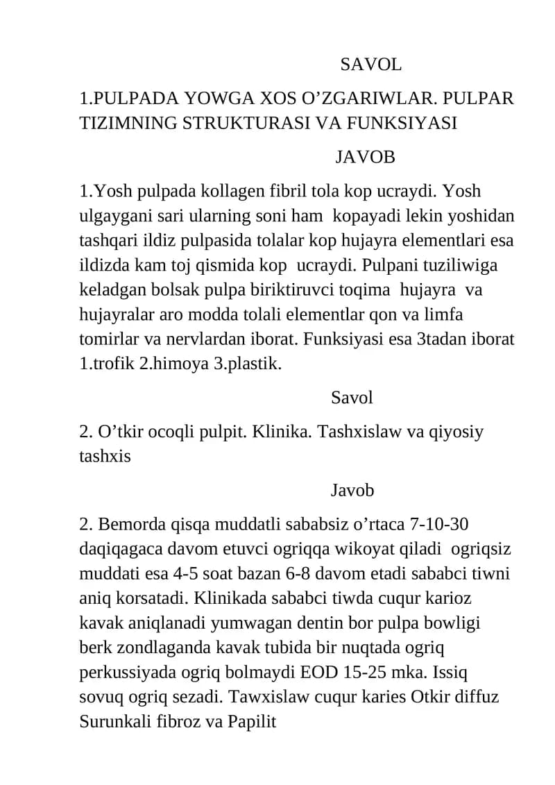 Pulpada Yowga Xos O'zgariwlar: Pulpar Tizimning Strukturasi va Funksiyasi