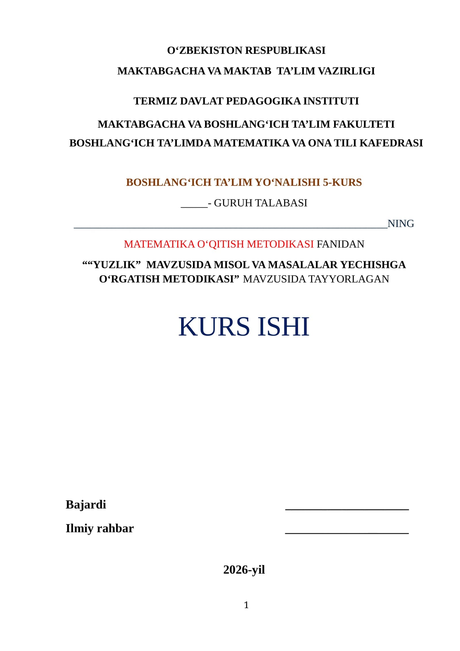 YUZLIK Mavzusida Misol va Masalalar Yechishga O‘rgatish Metodikasi