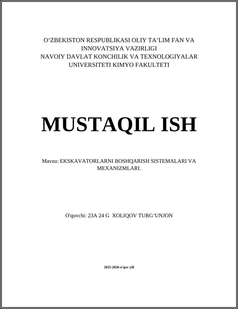 EKSKAVATORLARNI BOSHQARISH SISTEMALARI VA MEXANIZMLARI