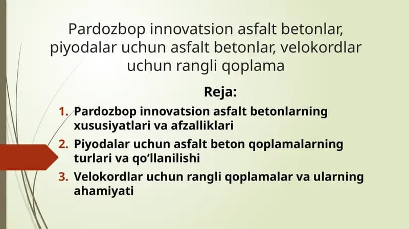 Pardozbop innovatsion asfalt betonlar, piyodalar uchun asfalt betonlar, velokordlar uchun rangli qoplama