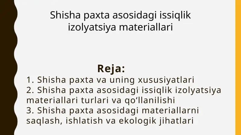Shisha paxta asosidagi issiqlik izolyatsiya materiallari