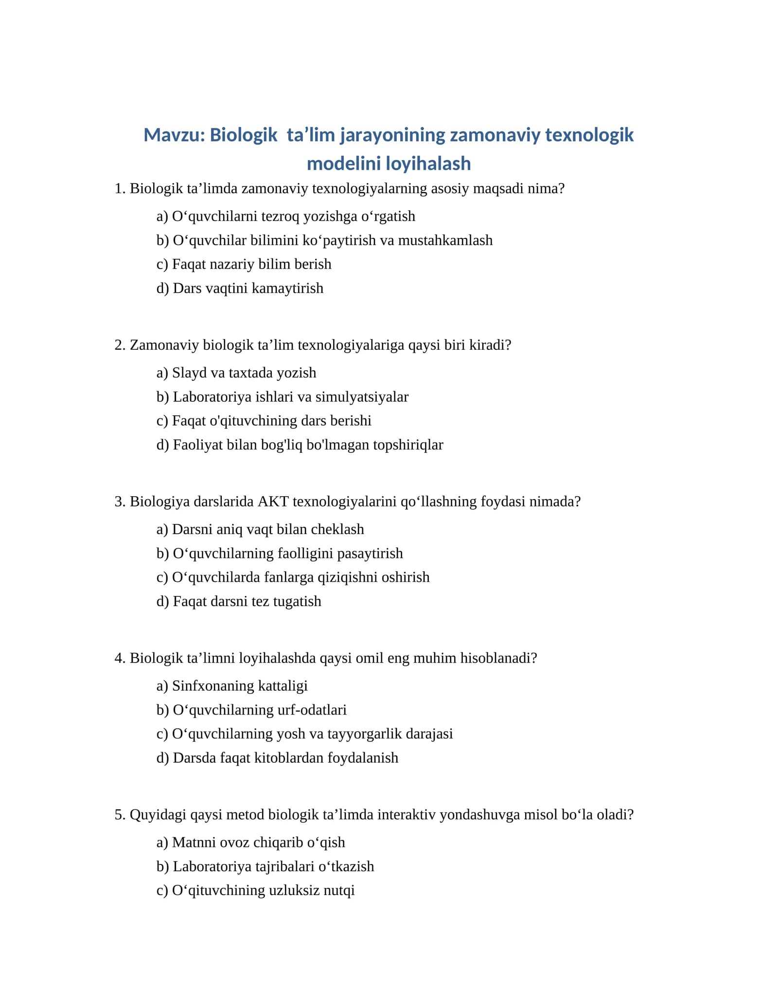 Biologik taʼlim jarayonining zamonaviy texnologik modelini loyihalash