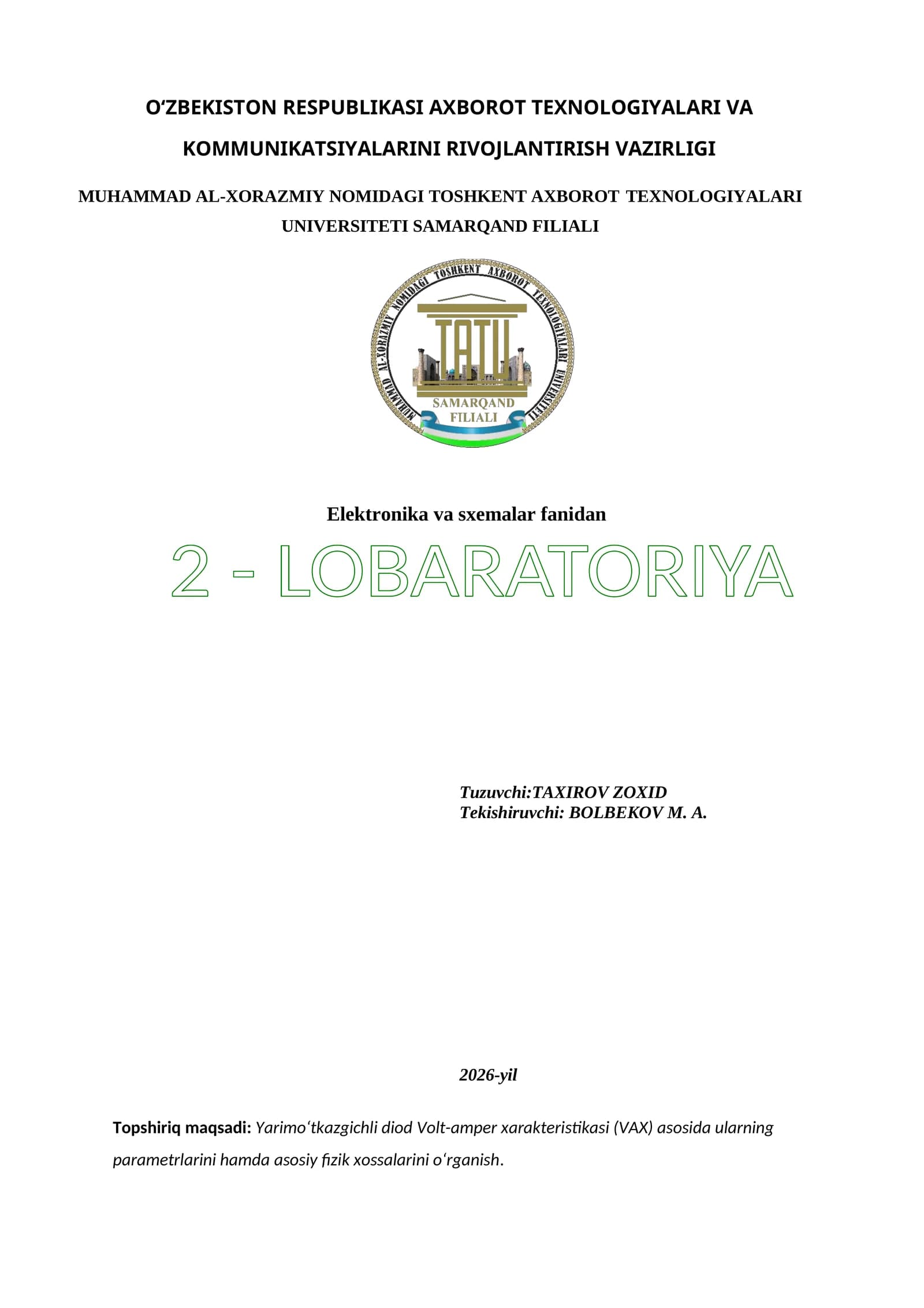 Elektronika va sxemalar fanidan 2 - LOBARATORIYA