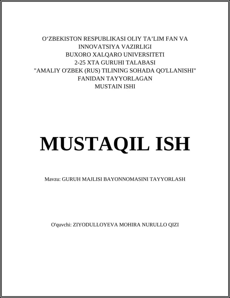 AMALIY O'ZBEK (RUS) TILINING SOHADA QO'LLANISHI