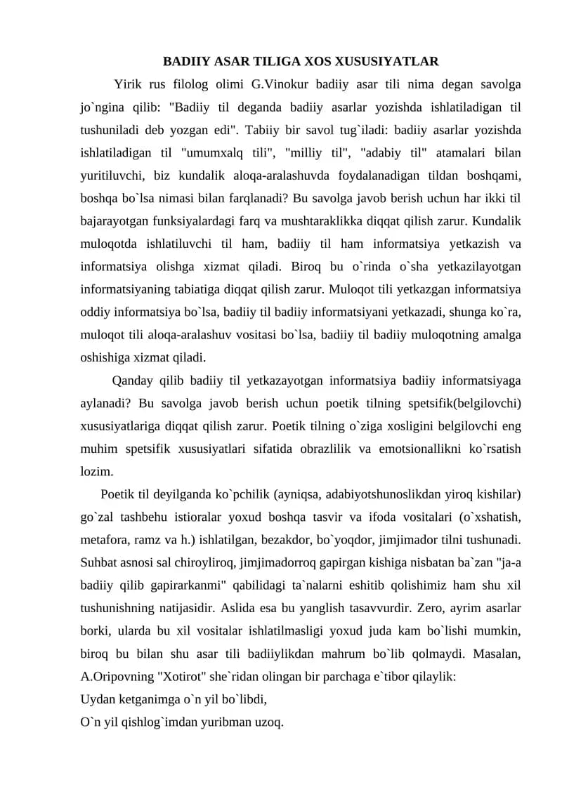 BADIIY ASAR TILIGA XOS XUSUSIYATLAR