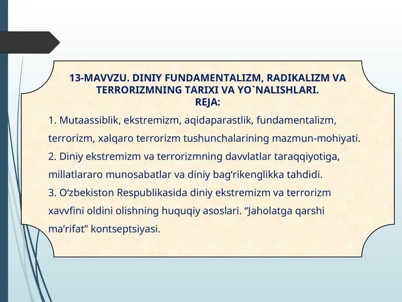DINIY FUNDAMENTALIZM, RADIKALIZM VA TERRORIZMNING TARIXI VA YO`NALISHLARI