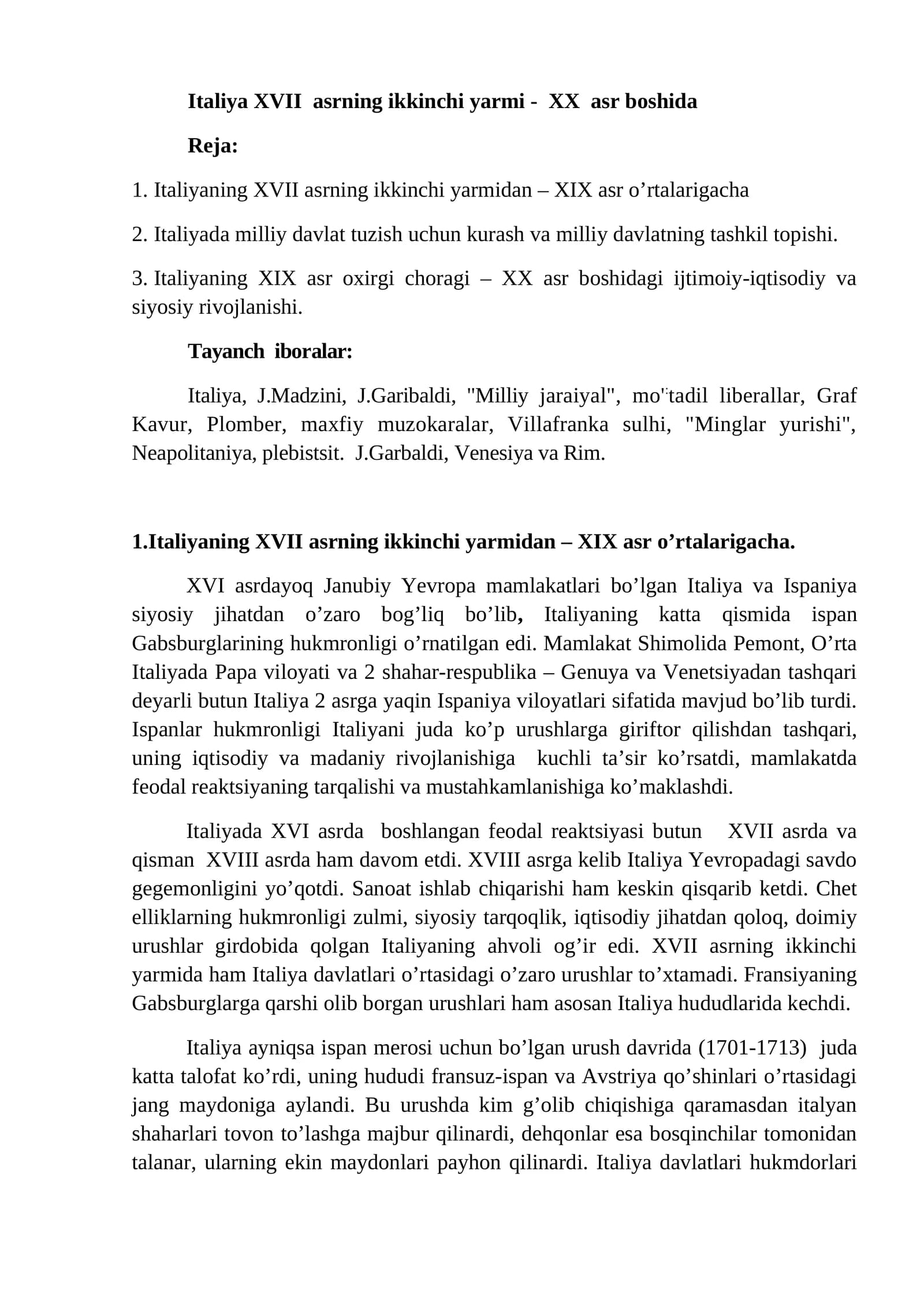 Italiya XVII asrning ikkinchi yarmi - XX asr boshida