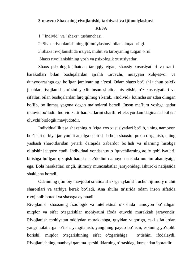 Shaxsning rivojlanishi, tarbiyasi va ijtimoiylashuvi