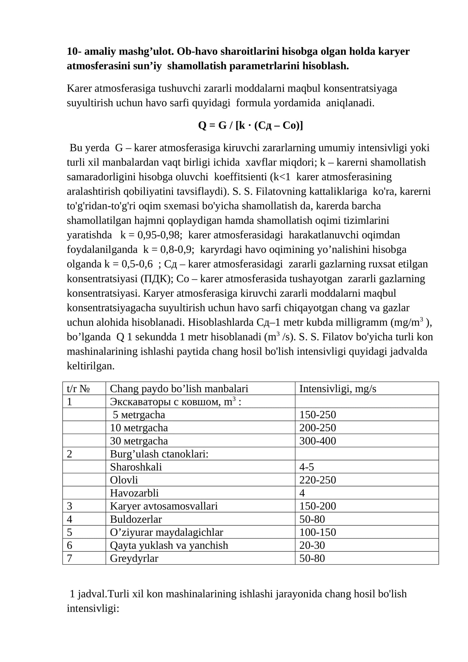 Havo Sarfi Va Karyer Atmosferasi Parametrlarini Hisoblash