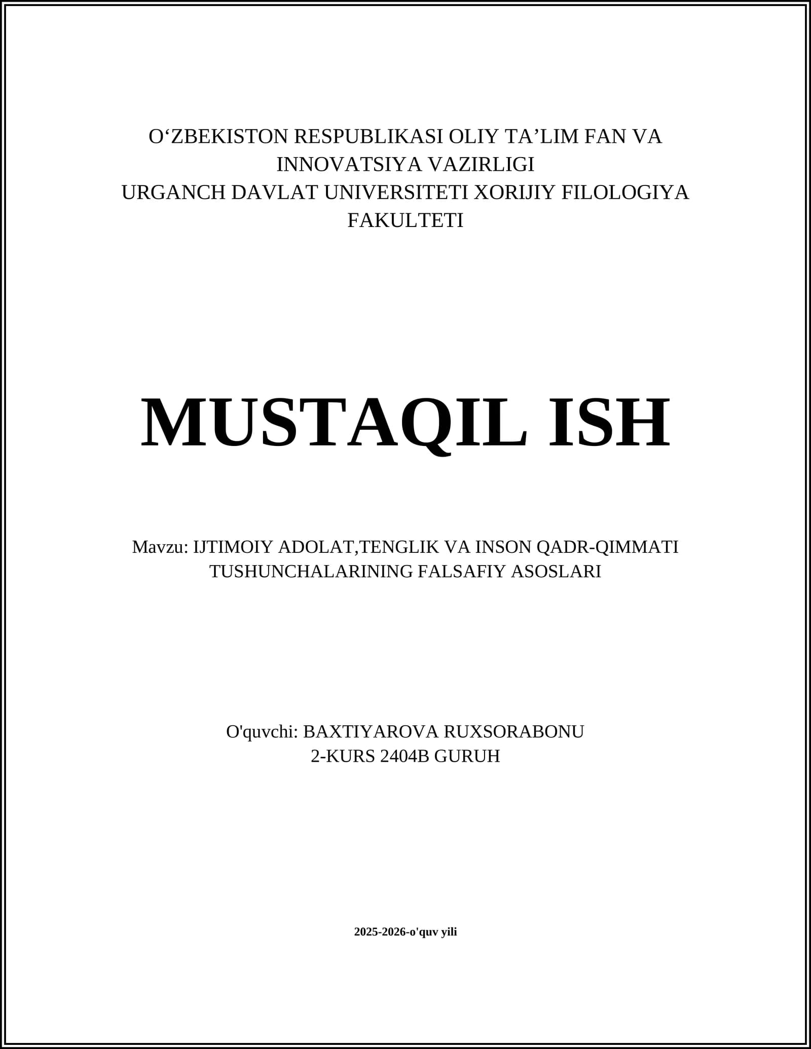 Ijtimoiy adolat, tenglik va inson qadr-qimmati tushunchalarining falsafiy asoslari