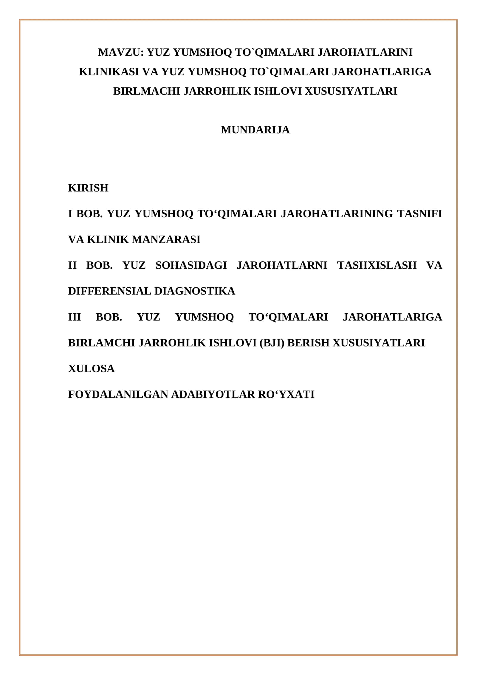 YUZ YUMSHOQ TO`QIMALARI JAROHATLARINI KLINIKASI VA YUZ YUMSHOQ TO`QIMALARI JAROHATLARIGA BIRLMACHI JARROHLIK ISHLOVI XUSUSIYATLARI