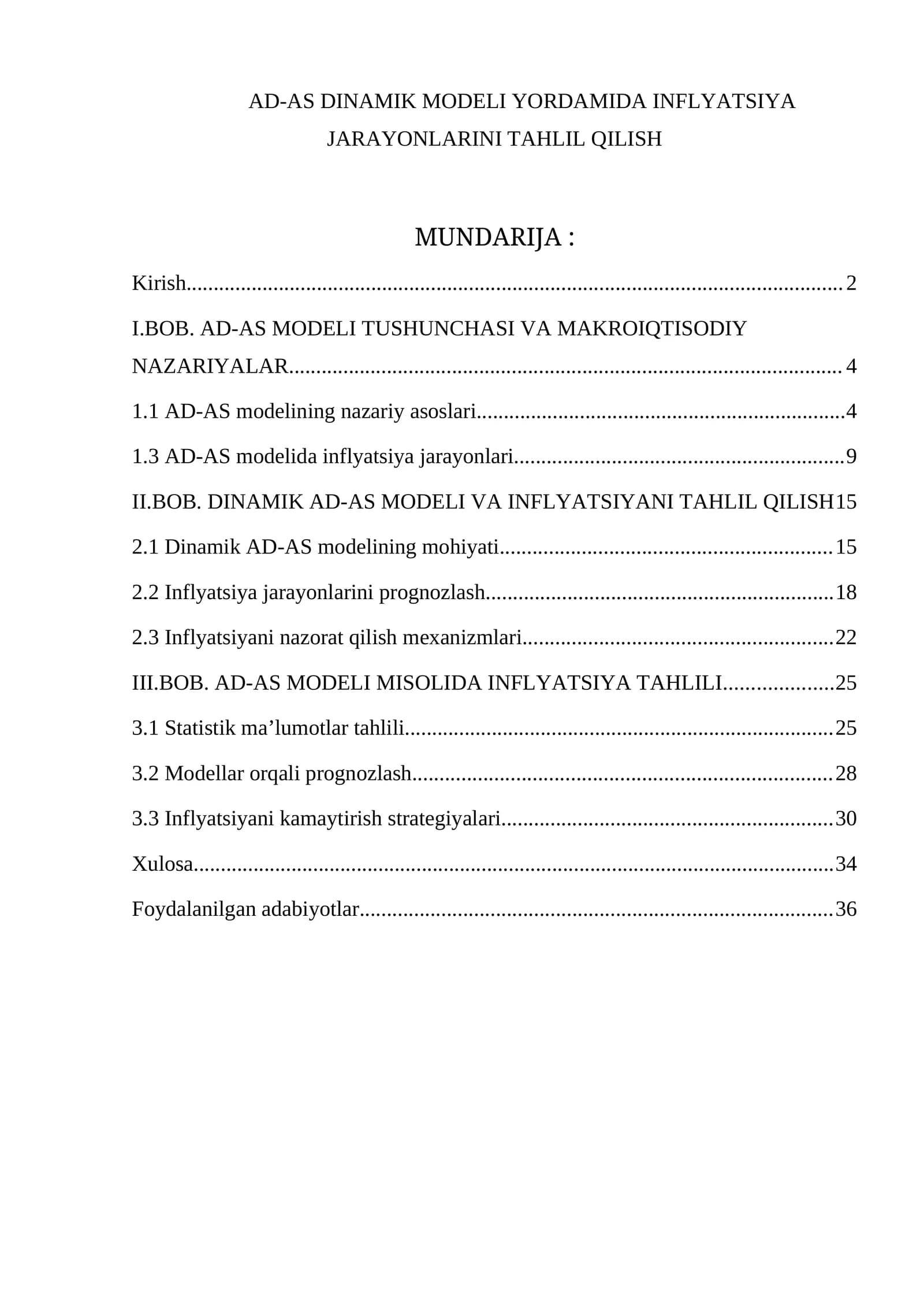 Dinamik ad-as modeli yordamida inflyatsiya jarayonlarini tahlil qilish