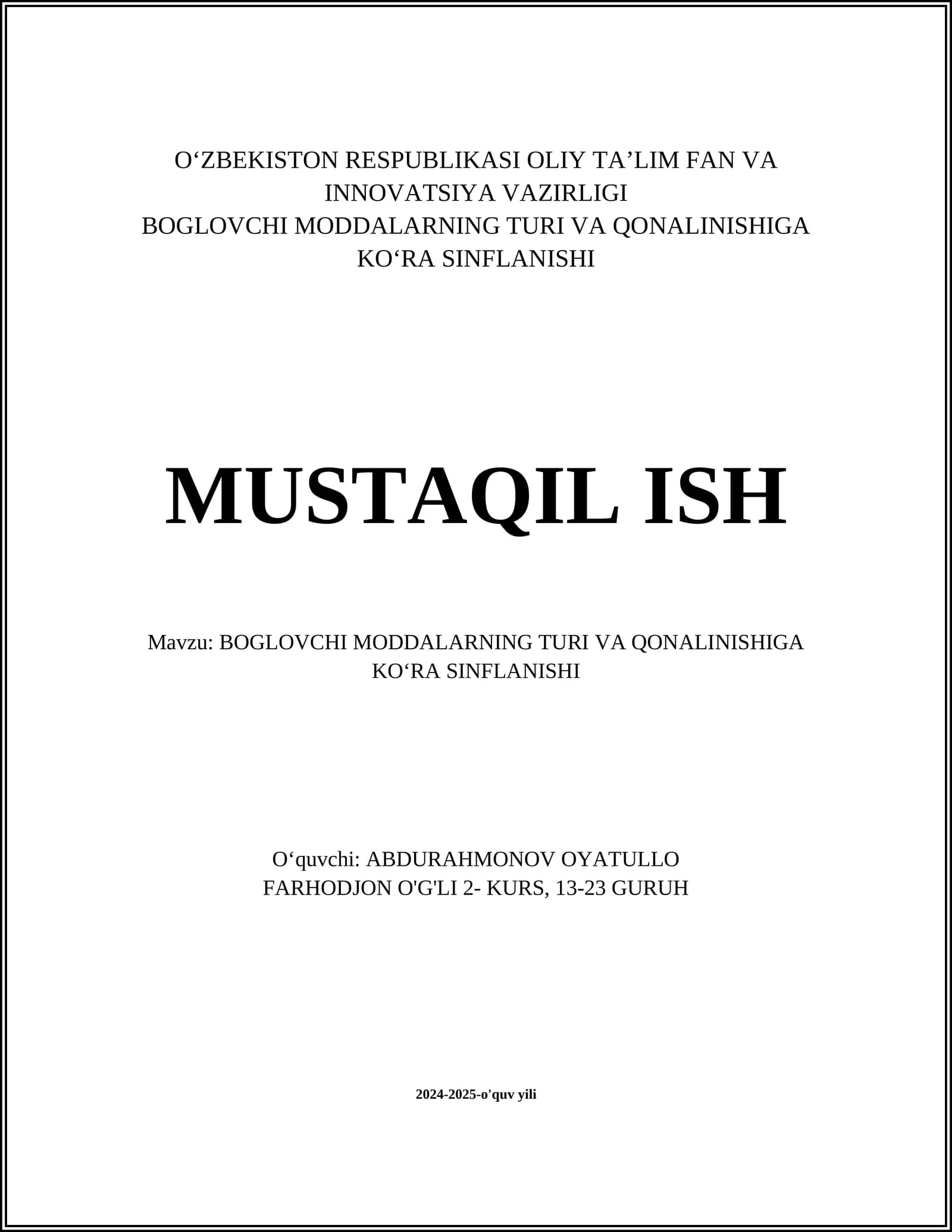 BOGLOVCHI MODDALARNING TURI VA QONALINISHIGA KOʻRA SINFLANISHI