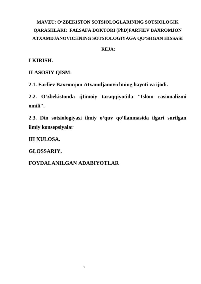 OʻZBEKISTON SOTSIOLOGLARINING SOTSIOLOGIK QARASHLARI: FALSAFA DOKTORI (PhD)FARFIEV BAXROMJON ATXAMDJANOVICHNING SOTSIOLOGIYAGA QOʻSHGAN HISSASI